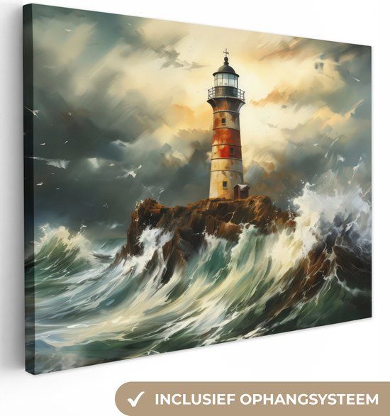 OneMillionCanvasses Canvas schilderij 160x120 cm - Vuurtoren - Water - Zee - Rots - Multicolor