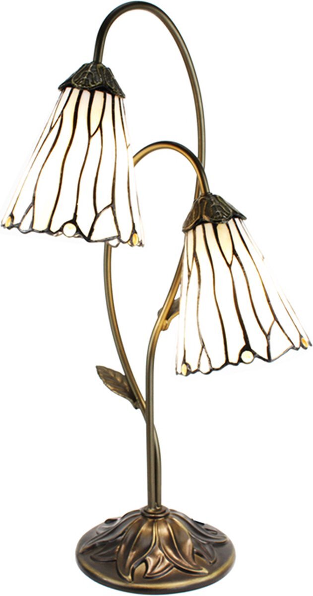 HAES deco - Tiffany Tafellamp 61 cm Bruin Wit Glas Tiffany Bureaulamp Tiffany Lampen Glas in Lood