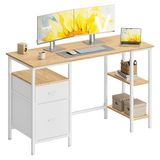 VASAGLE LWD103YD01 Computerbureau met opbergruimte, 3 planken, 2 laden, 127 x 50 x 76 cm, voor thuiskantoor, woonkamer, industriële stijl, natuurlijk eiken en mat wit