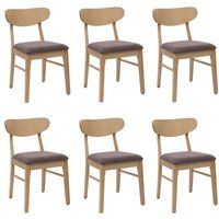 HWC-M59 Set van 6 eetkamerstoelen, keukenstoel, stof/textiel massief hout, lichtgekleurd frame, taupe