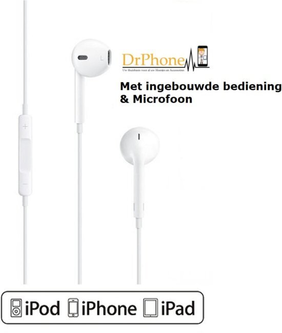 Drphone - Premium Oordoppen - Headset met 3.5mm jackaansluiting - Oortjes geschikt voor Apple iPhone 5/5S/Se/6/6S/6 Plus/6S Plus/7/7 plus/8/8 plus/ X tussenstuk vereist / Apple iPad / Apple iPod - In-ear oordopjes - Wit