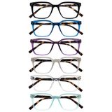 OPULIZE KOI Leesbrillen 6-Pack - Groot Rechthoekig Montuur - Zwart-Blauw-Paars-Grijs-Helder-Aqua - Heren, Dames - Veerscharnieren - RRRRRR50-1357CQ - +3.00