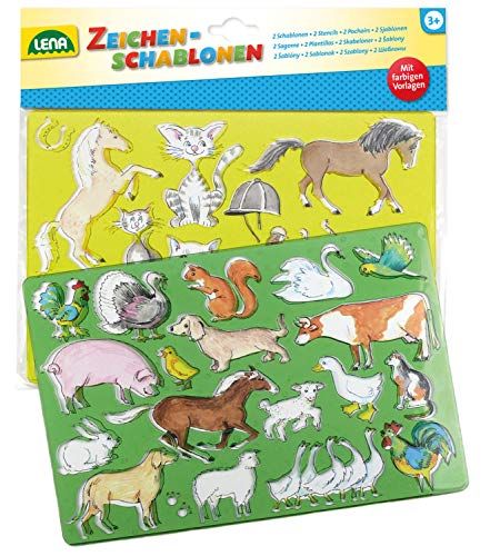 Lena 65767 - Tekensjablonen set van 2 paarden/katten en boerderijdieren, 2 sjablonen en kleursjablonen met diermotieven, schildersjablonen elk ca. 26 x 19 cm, schilderset dieren voor kinderen vanaf