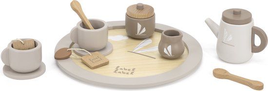 Label Label Houten Theeset - Houten Serviesset - Inclusief Theepot Kopjes en Accessoires - Stimuleert Fantasierijk Rollenspel - Vanaf 18 Maanden - Nougat