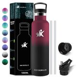 KollyKolla Thermosfles, 1 l, roestvrijstalen drinkfles met rietje, BPA-vrije waterfles, roestvrijstalen thermosfles, herbruikbaar, lekvrij, kinderen, volwassenen, sport, kantoor, 2 doppen