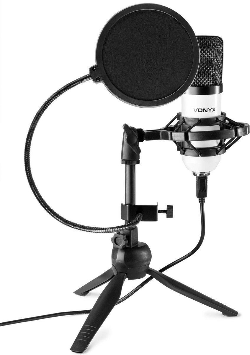 Vonyx CM300W USB Studio Microfoon met Inklapbare Tafelstandaard, Popfilter en Shockmount - Podcast, Gaming, Streaming, Vlogs, PS4 - Wit