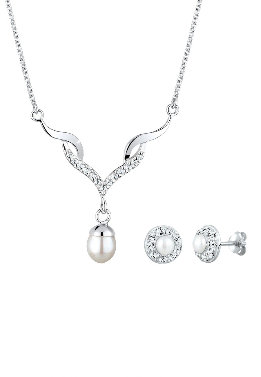 Elli Sieraden Set Dames - Druppel Hanger Set Oorbellen met Kristallen en Zoetwaterparels - 925 Sterling Zilver