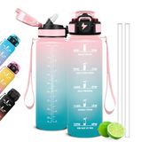 Mujigaga Drinkfles, 1 liter, fitnessdrinkfles met rietje en tijdschema's, motiverende sportflessen, lekvrije drinkflessen voor sportschool, school, yoga