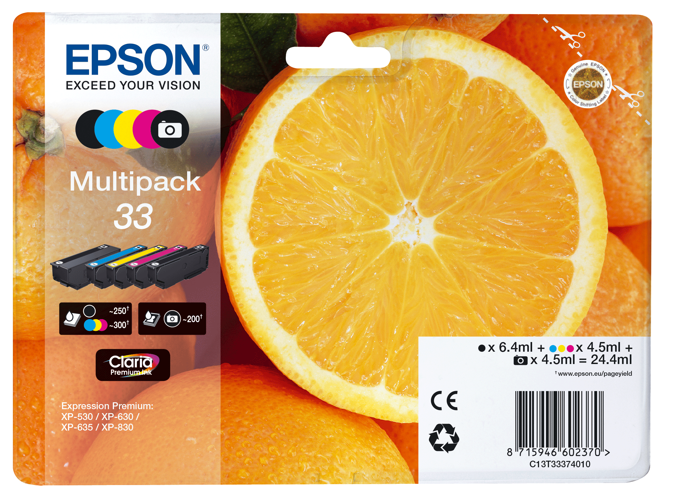 Epson Oranges Multipack 5-colours 33 Claria Premium Ink single pack / cyaan, foto zwart, geel, magenta, zwart