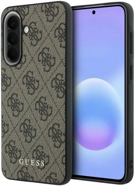 Guess Hoesje Geschikt voor Samsung Galaxy A57 - PU Leren Backcover - 4G Print & Klassiek Metalen Logo - Bruin