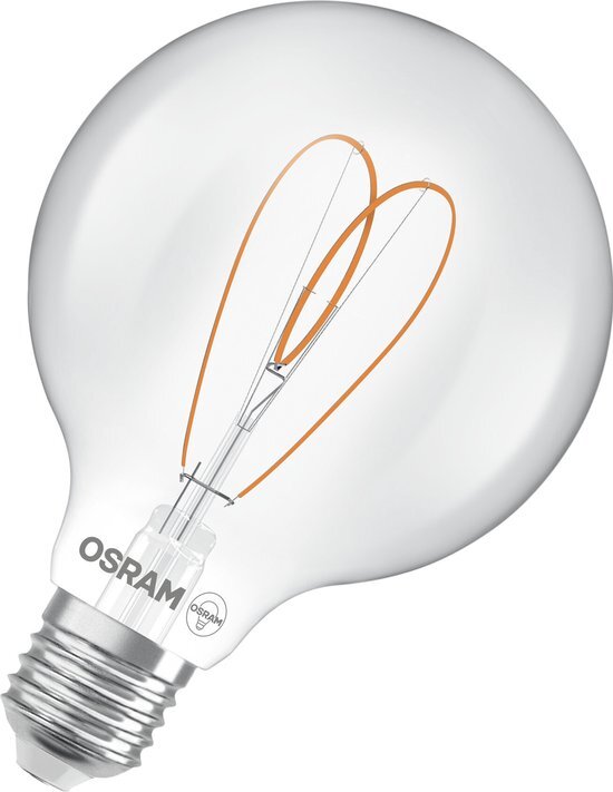 OSRAM Vintage 1906 Globe is a warm white, dimmable LED lamp in a classic ball shape with filament. It offers 7.2 W for 806 lm, E27 socket, clear-coloured glass, 95-mm diameter, 2,700 K, EEK E.