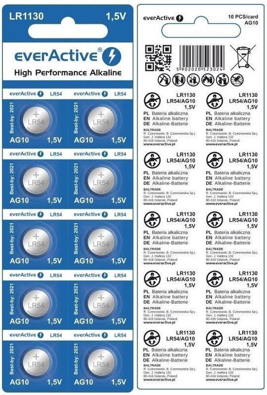everActive AG10 G10 LR1130 LR54 - 10 stuks - Alkaline knoopcel batterijen