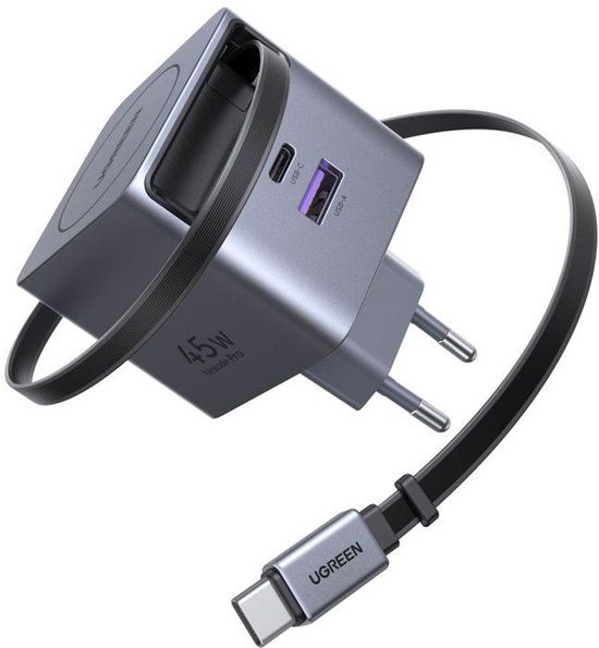 UGREEN Oplader met Uittrekbare kabel - 65W - USB-A en USB-C - Uitschuifbaar