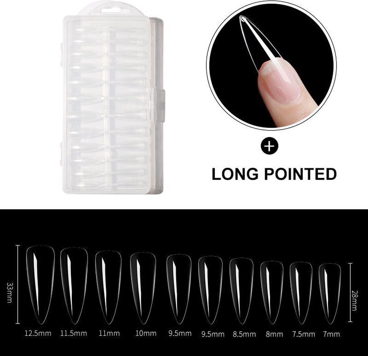 Dermarolling Nageltips Long Pointed 10 maten - 240 stuks