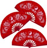 Merkloos Handwaaier tai chi - 3x stuks - yin yang en draken - rood - 65 x 35 cm – polyester/kunststof