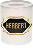Bellatio Decorations Spaarpot Herbert - wit - met goud/zwart embleem - 8 x 9 cm - keramiek - met afsluitdop