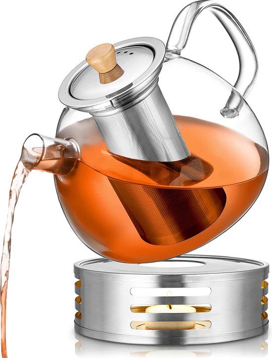 Deleca Glazen Theepot met Filter en Theelicht Warmhouder Set - 1.5L