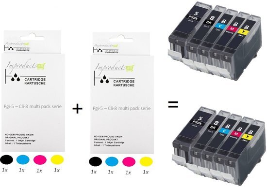 Improducts Â® Huismerk Inktcartridge Alternatief Canon PGI-5 / CLI-8 inktcartridge 2x multipack van 5 stuks (2x Canon PGI-5 PGBK zwart, 2x Canon CLI8 BK zwart, 2x Canon CLI-8 cyaan, 2x Canon CLI-8 M magenta, 2x Canon CLI-8 Y geel) = 2x complete set