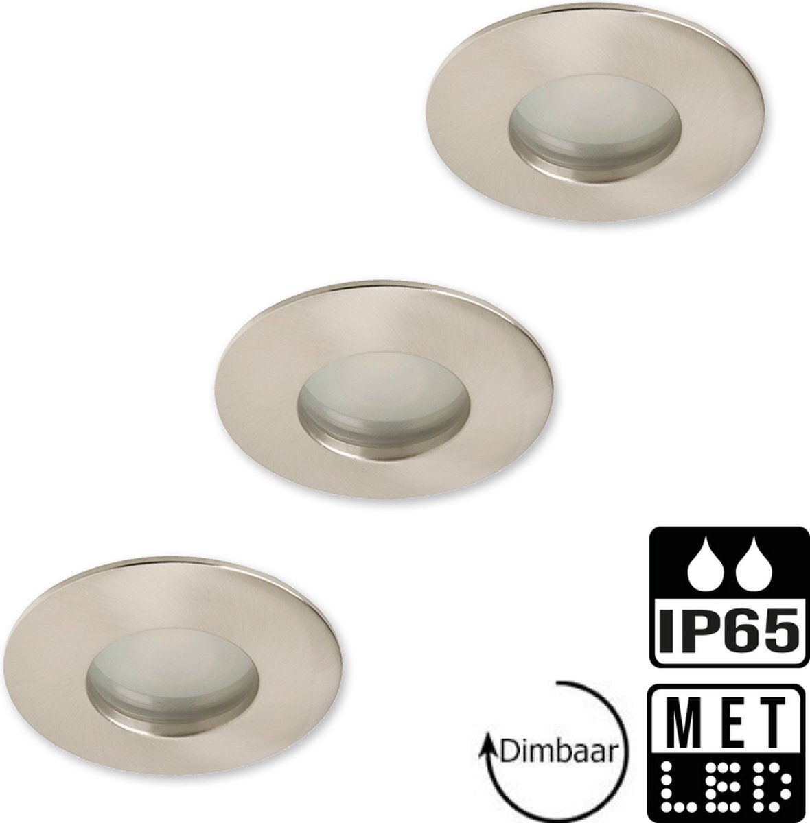 Lybardo LED inbouwspots - 3-pack - Spotjes inbouw - Badkamer IP65 - Rond - Geborsteld nikkel + Master GU10 LED spot - 5.5 watt - Dimbaar - 3000K modern warm wit