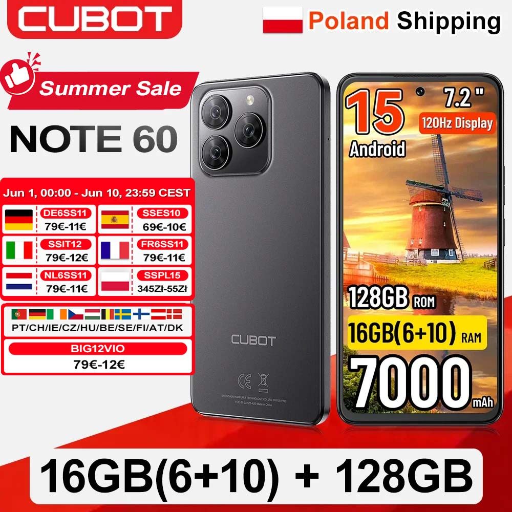 Cubot Note 60 Android 15 Smartphone 7.2'' 120Hz 16GB RAM 128GB ROM 48MP Camera 7000mAh