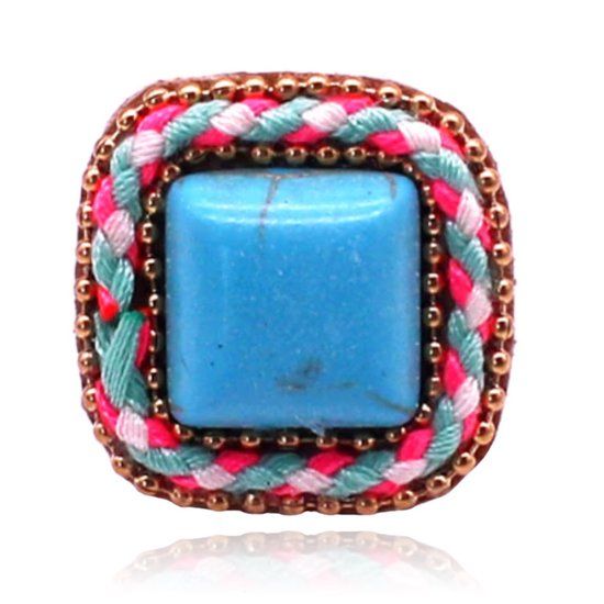 Deja Jewels Handgemaakte verstelbare vierkante multicolor ring van leer met touw en turkoois