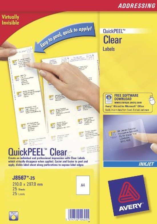 Avery - Transparante Adressenetiketten - A4 (210 x 297 mm) - 25 stuks