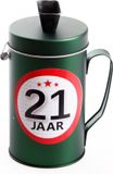 Shoppartners Spaarpot - 21 jaar geworden thema - verjaardag cadeau - Blik met sticker van 9 cm - blik in groen