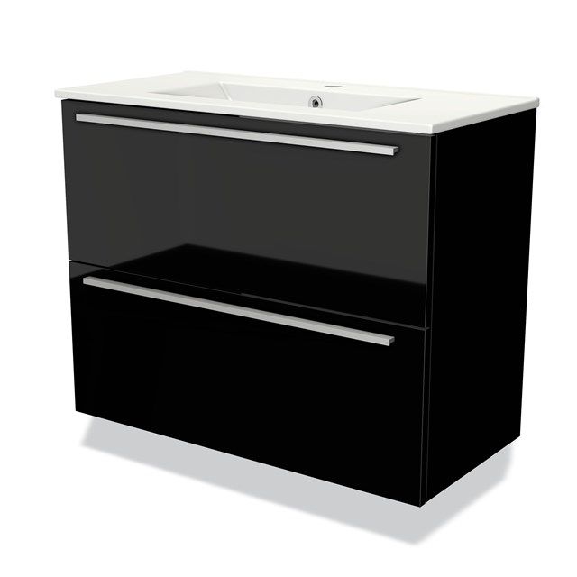 Maxaro Badkamermeubel 80cm Modulo Slim Hoogglans Zwart 2 Lades Vlak Wastafel Keramiek - 6095826451499