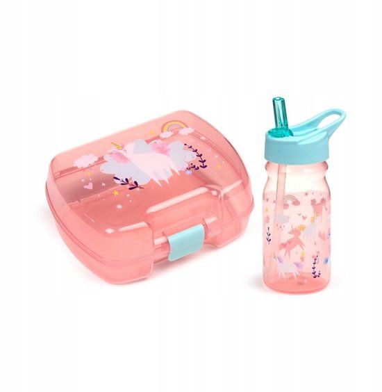 Merkloos Puckator Broodtrommel voor meisjes (lunchbox voor levensmiddelen en drinkfles met rietje) – eenhoorn-magie en regenboog, BPA-vrij