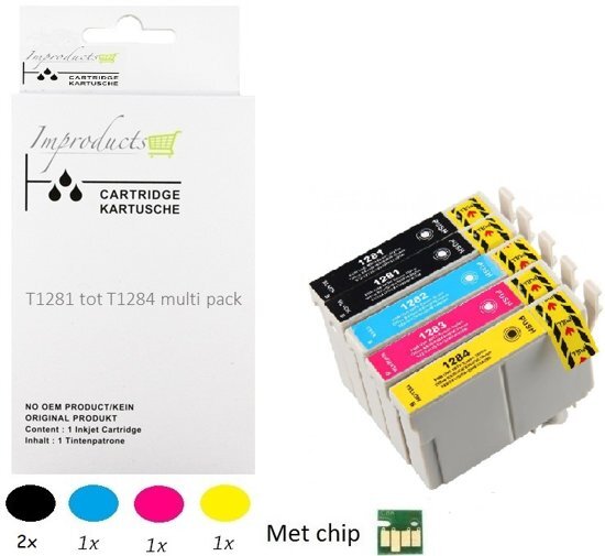 Improducts Â® Huismerk Inktcartridge Alternatief Epson T1285 + zwart inktcartridges, 5 pack (2x zwart T1281, 1x cyaan T1282, 1x magenta T1283, 1x geel T1284) = 1x Multipack + zwart