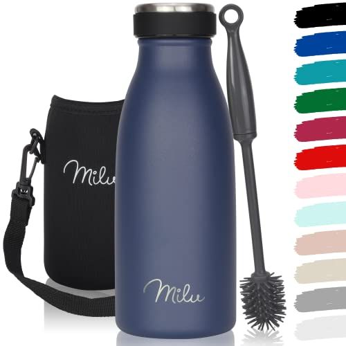 MILU Roestvrijstalen drinkfles 350 ml, marineblauw - thermosfles voor kinderen en volwassenen lekvrij, isolatiefles geschikt voor koolzuurhoudende dranken - incl. reinigingsborstel