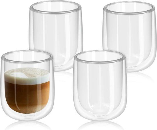 Navaris - Set van 4 dubbelwandige glazen 350ml - Thermoglazen voor warme en koude dranken - Koffieglazen van borosilicaatglas