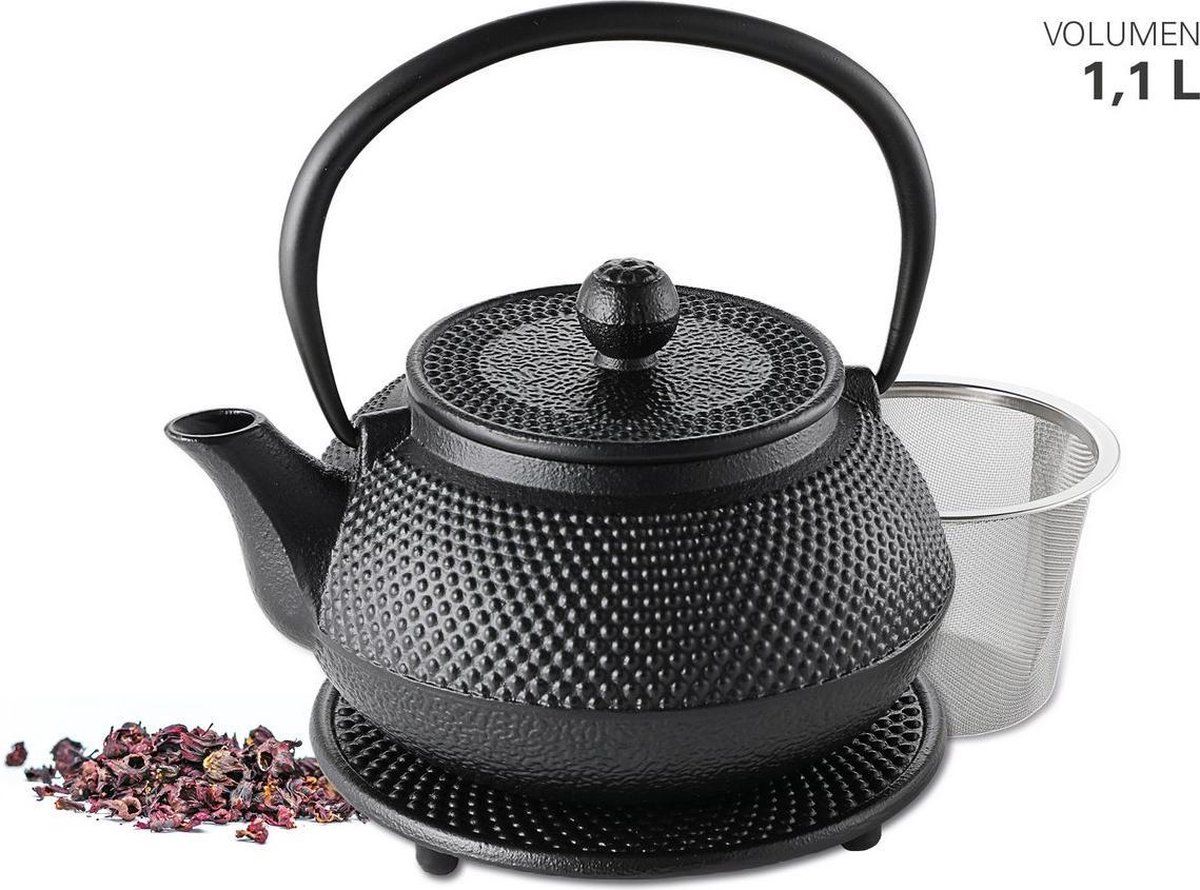 Weis Theepot gietijzer zwart 1100 ml + zeef en onderzetter 17944