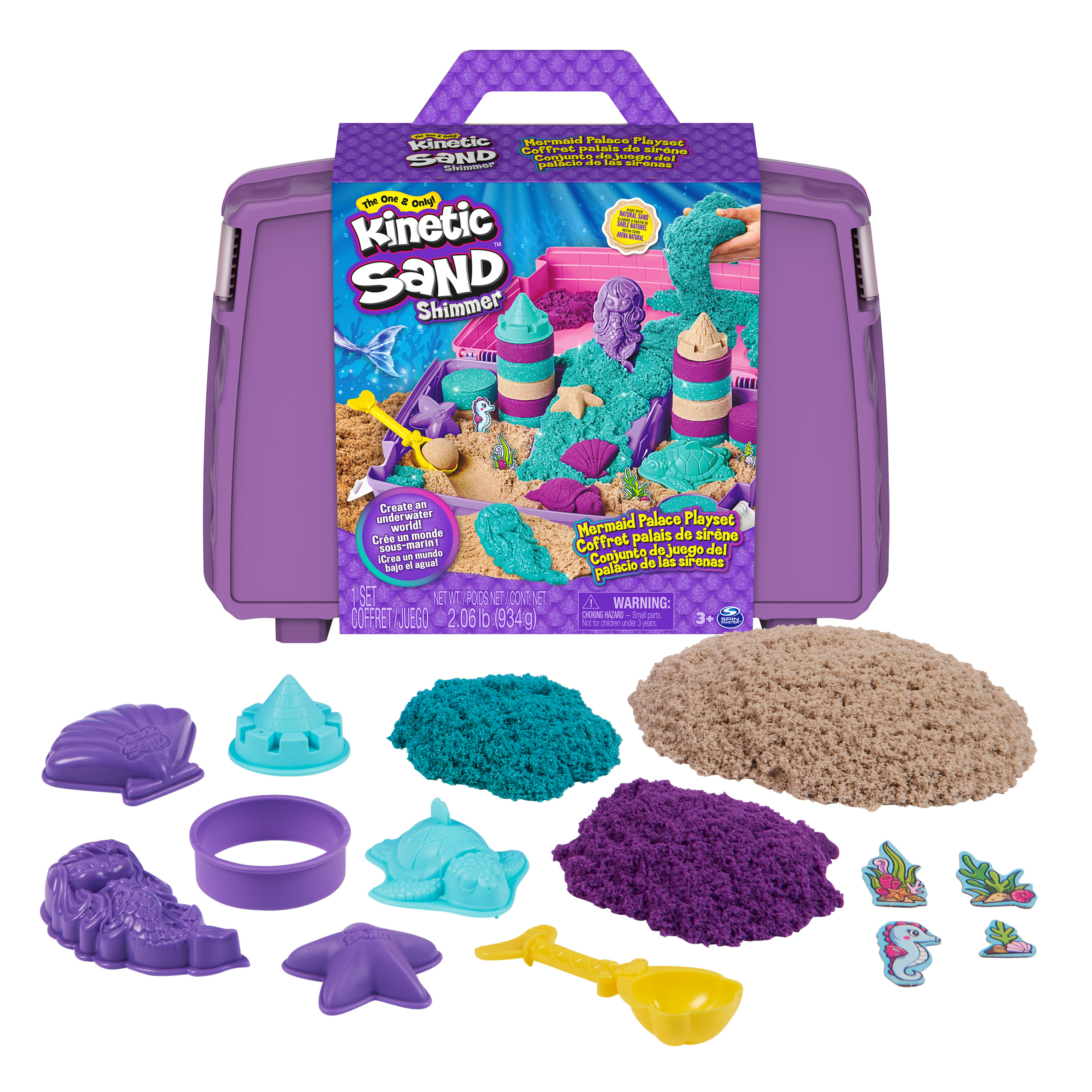 Spin Master Kinetic Sand Shimmer - Opvouwbare Meermin zandbak-speelset met 907 g glinsterend speelzand in 3 kleuren, 6 mallen en 1 schep