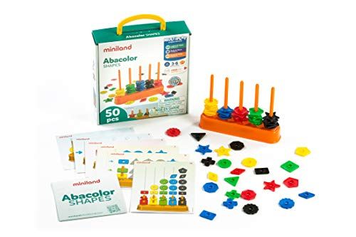 Miniland Abacolor vormen, classificeren van vormen en kleuren, 100 delen, 24 oefensjablonen 45310