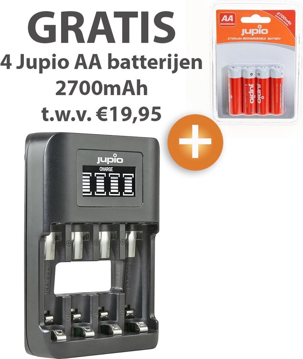 Jupio USB 4-slots UltraFast AA/AAA batterijlader + gratis 4-pack 2700mAh AA batterijen