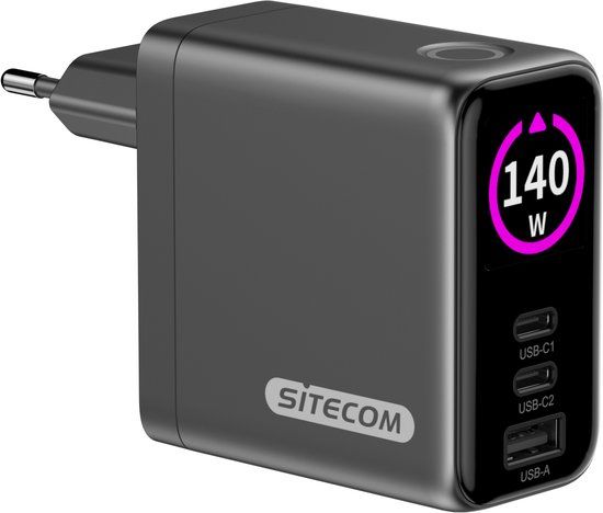 Sitecom - Wall charger - 140W - LED Display - Power Delivery - GaN - Fast Charge