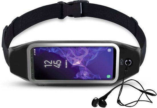 iCall Running Belt Heupband Sportriem Hardloop Band Zwart â€“ Riem met Smartphone Houder voor Fitness â€“ Universeel voor alle telefoons Samsung Huawei Apple - van