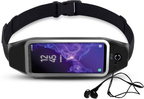 iCall Running Belt Heupband Sportriem Hardloop Band Zwart - Riem met Smartphone Houder voor Fitness - Universeel voor alle telefoons Samsung Huawei Apple