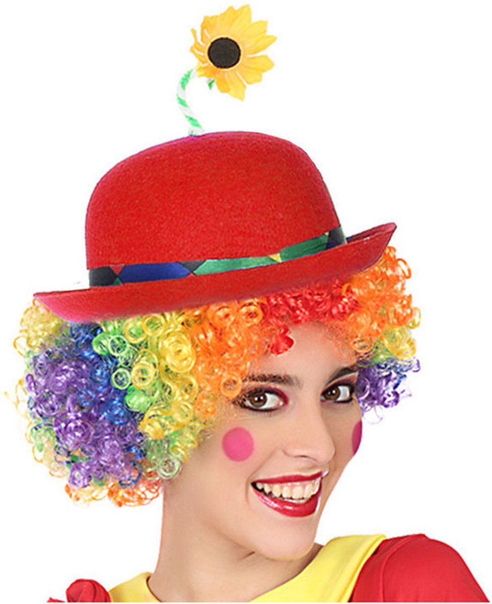 Smiffys Clown Verkleed Set - Gekleurde Pruik met Bolhoed Rood met Bloem - Carnaval