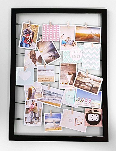 Spetebo Fotohouder 75x55 cm zwart - rubberen lijn met 20 houten klemmen - fotolijstjes galerij