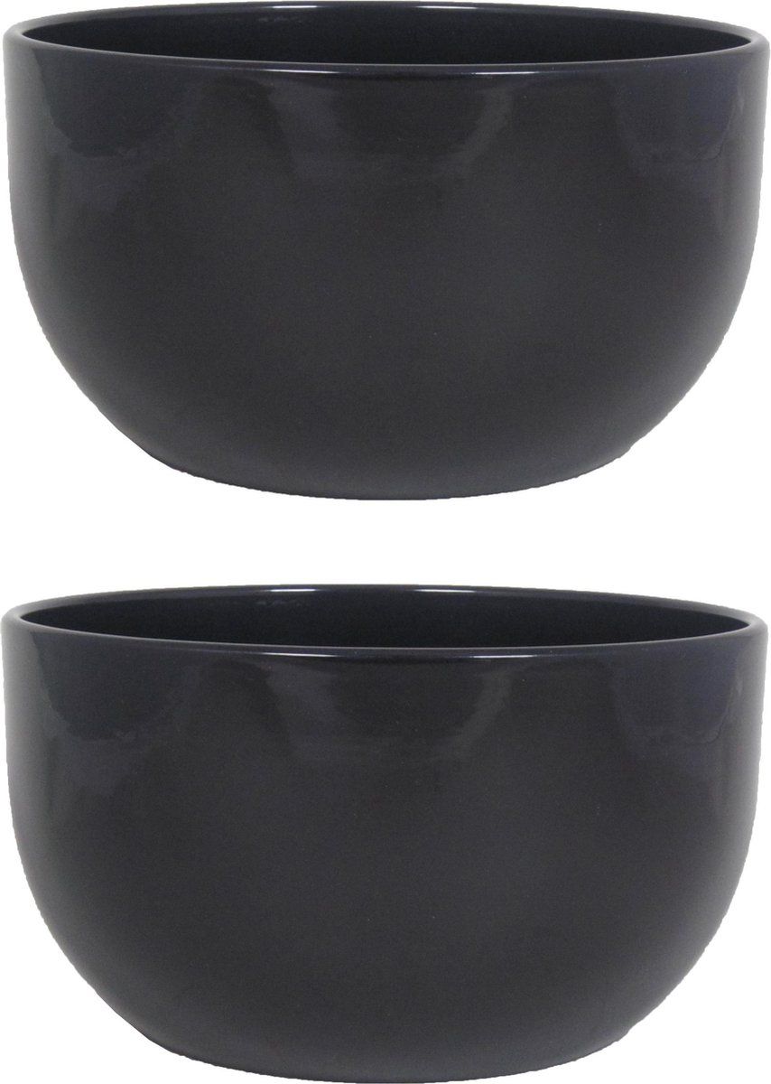 Floran 2x Bloempot Schaal Glanzend Zwart Keramiek - H14 x D26 cm