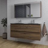Saniclass Chaci Ensemble de meubles de salle de bain - 120x46x55cm - lavabo en céramique noir - 2 lavabos - 2 trous de robinet - 2 tiroirs - armoire miroir - noyer