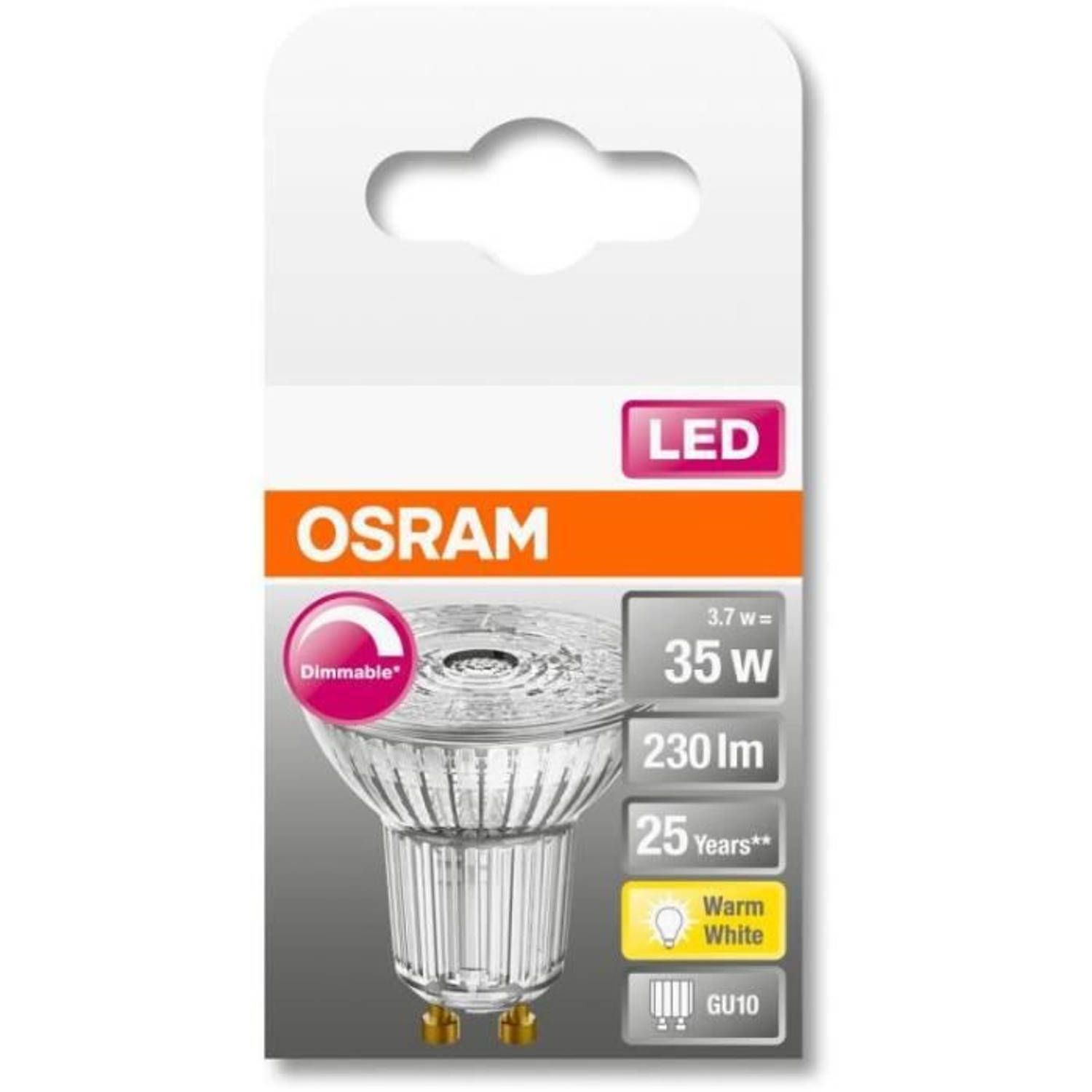 Osram spot par16 led 36 ° variabel glas - 3,7w equivalent 35w gu10 - warm wit