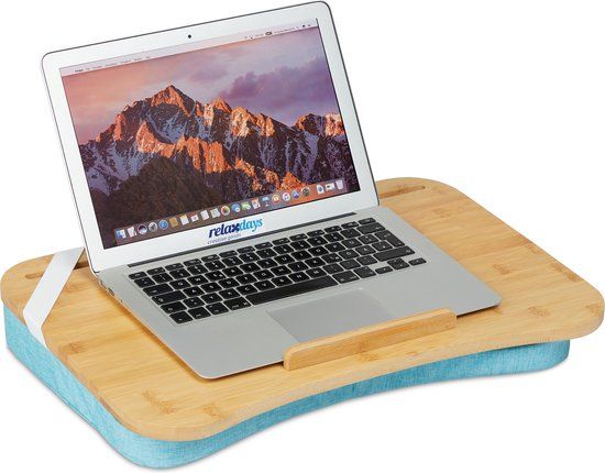 Relaxdays Bamboe laptopkussen met traagschuim - Antislip handvat - 51 x 36 cm - Natuur/blauw