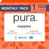 Pura Eco Babyluiers - maat 1 (2-5 kg/4-11 lbs), 6 x 25 luiers (150 totaal), maandpakket, pasgeboren luiers voor gevoelige huid, biologisch katoen, nattigheidsindicator, navelstreng uitsparing