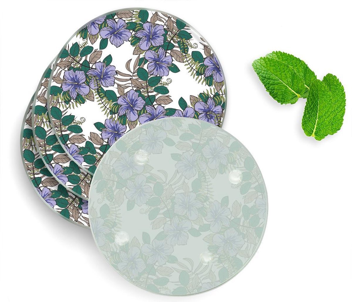 qMust 4 Luxe Glazen Onderzetters - Design Purple Flowers - Rond