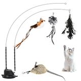 Romon Kattenspeelgoed, zwart, 7 stuks kattenspeelgoed, interactief spel in huis met vogel vliegend met veren, intrekbaar, interactief kattenspeelgoed met zuignap, speelgoed voor binnenoefeningen