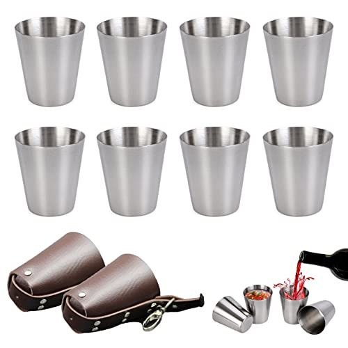 doepeBAE Stainless Steel Shot Glasses Set, Metal Travel Mug Mini Flask, Portable Shot Glass with Leather Cases, for Party Outdoor BBQ Camping, etc (70 ml Set van 8)