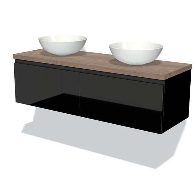 Maxaro Badkamermeubel Modulo Plato 140cm Hoogglans Zwart 2 Lades Greeploos Middenbruin Eiken